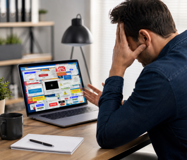 Frustrated user looking at a cluttered website